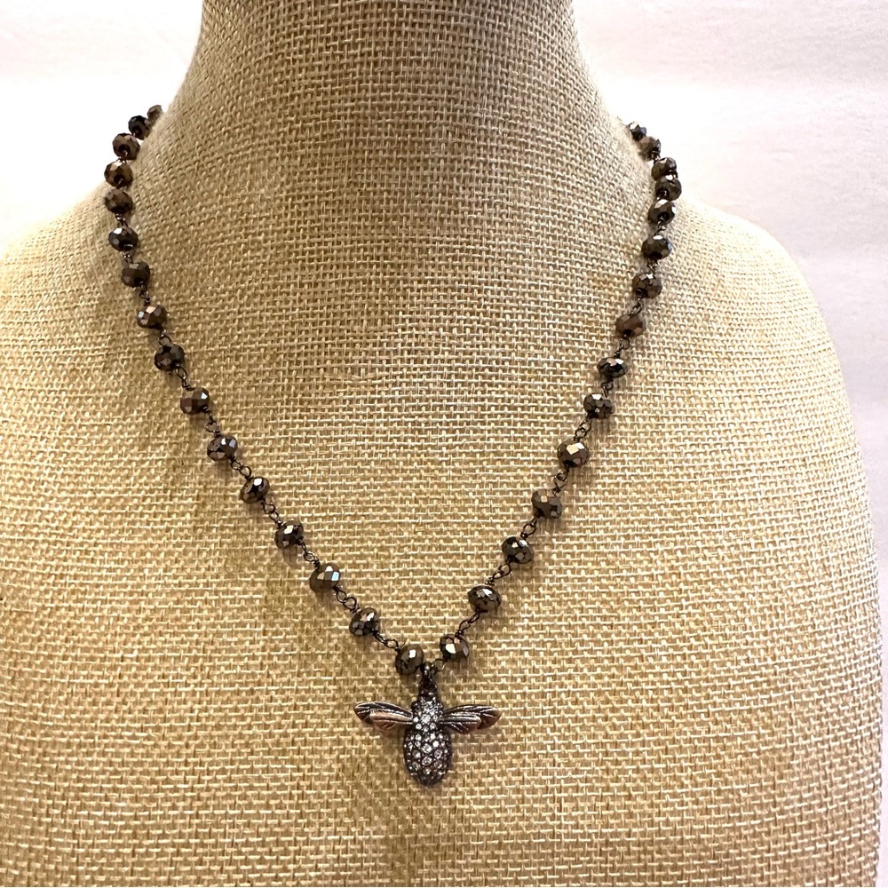 Fossil Necklace Copper Tone Necklace - beaded chain w/ Bee Pendant, rhinestones - Picture 4 of 13